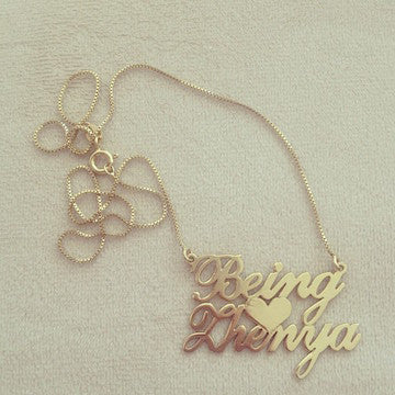 TWO FANCY PRINT NAMES W/ HEART NECKLACE