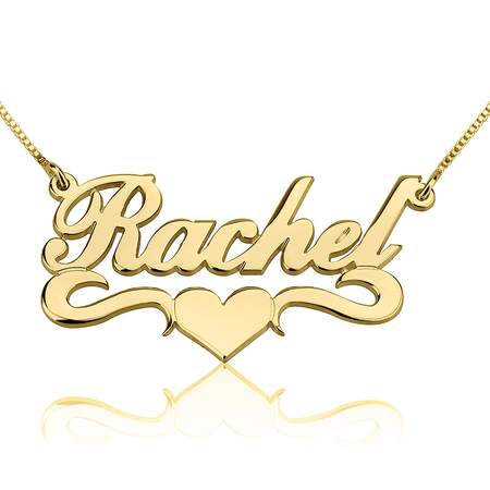 FANCY PRINT NAME NECKLACE W/ MIDDLE HEART