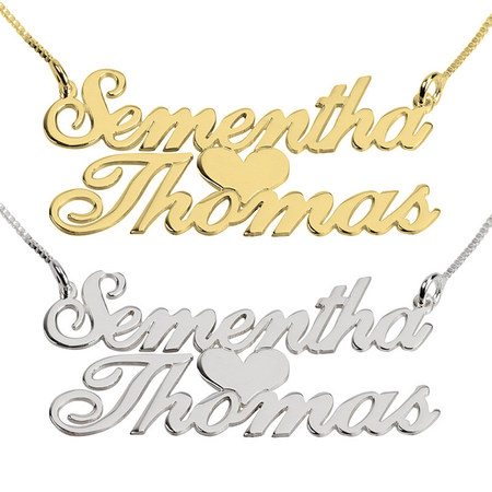 TWO FANCY PRINT NAMES W/ HEART NECKLACE