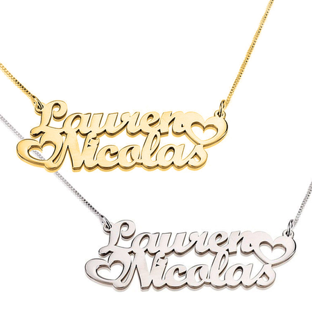 TWO FANCY PRINT NAMES W/ TWO HEARTS NECKLACE